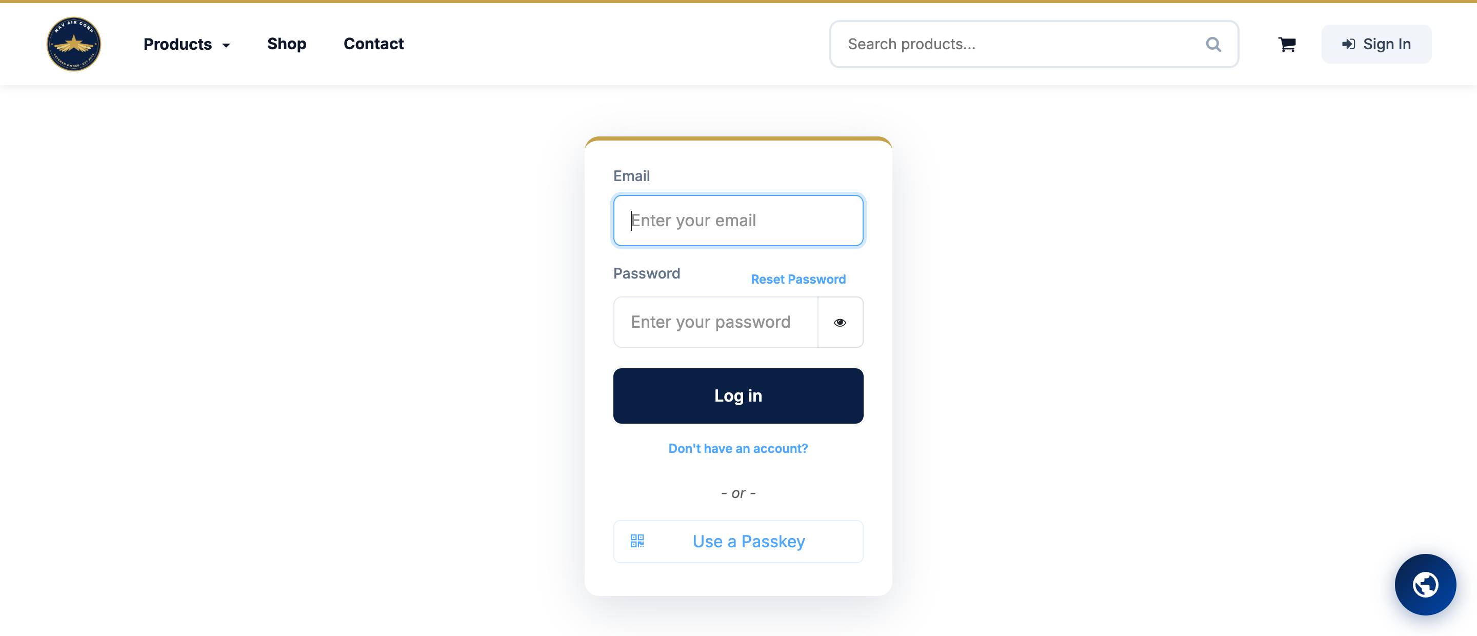 The Nav Air Corp sign-in page with email and password fields