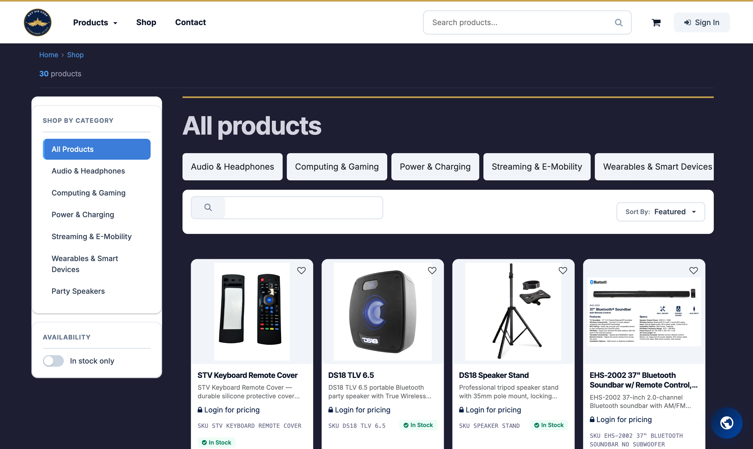 The Nav Air shop showing the category list on the left, the search box, and product cards marked Login for pricing