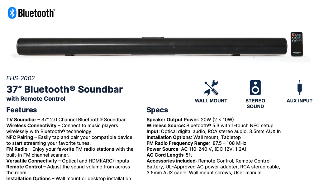 [EHS-2002 37" Bluetooth Soundbar No Subwoofer] EHS-2002 37" Bluetooth Soundbar w/ Remote Control, No Subwoofer